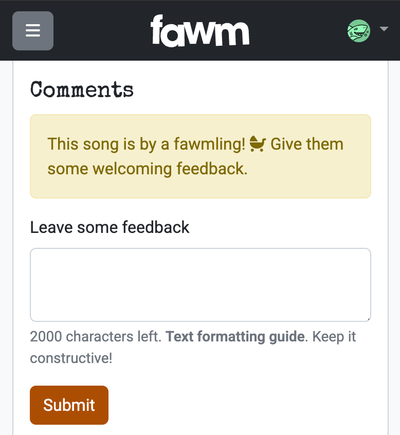 Screenshot: Song comment form