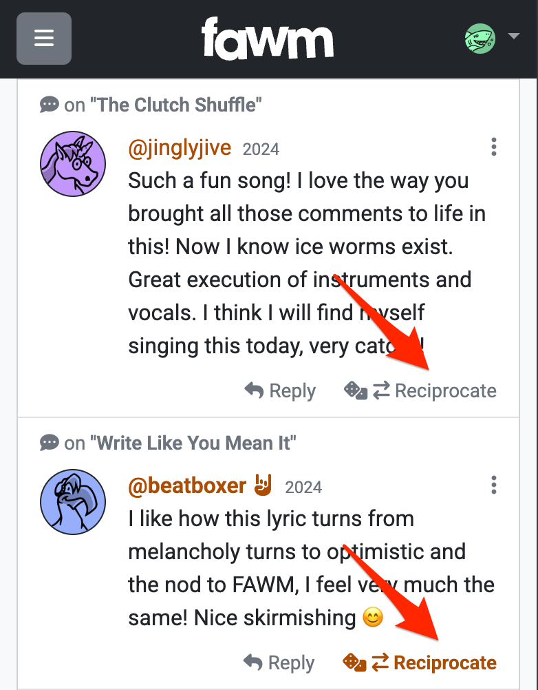 Screenshot: Reciprocate feature
