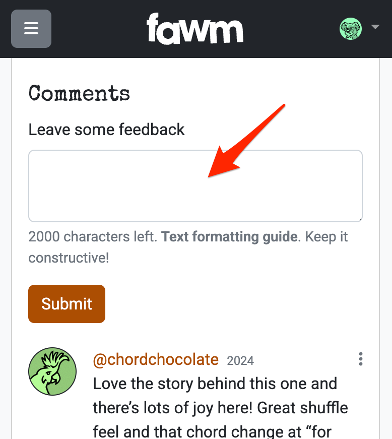 Screenshot: Song comment form