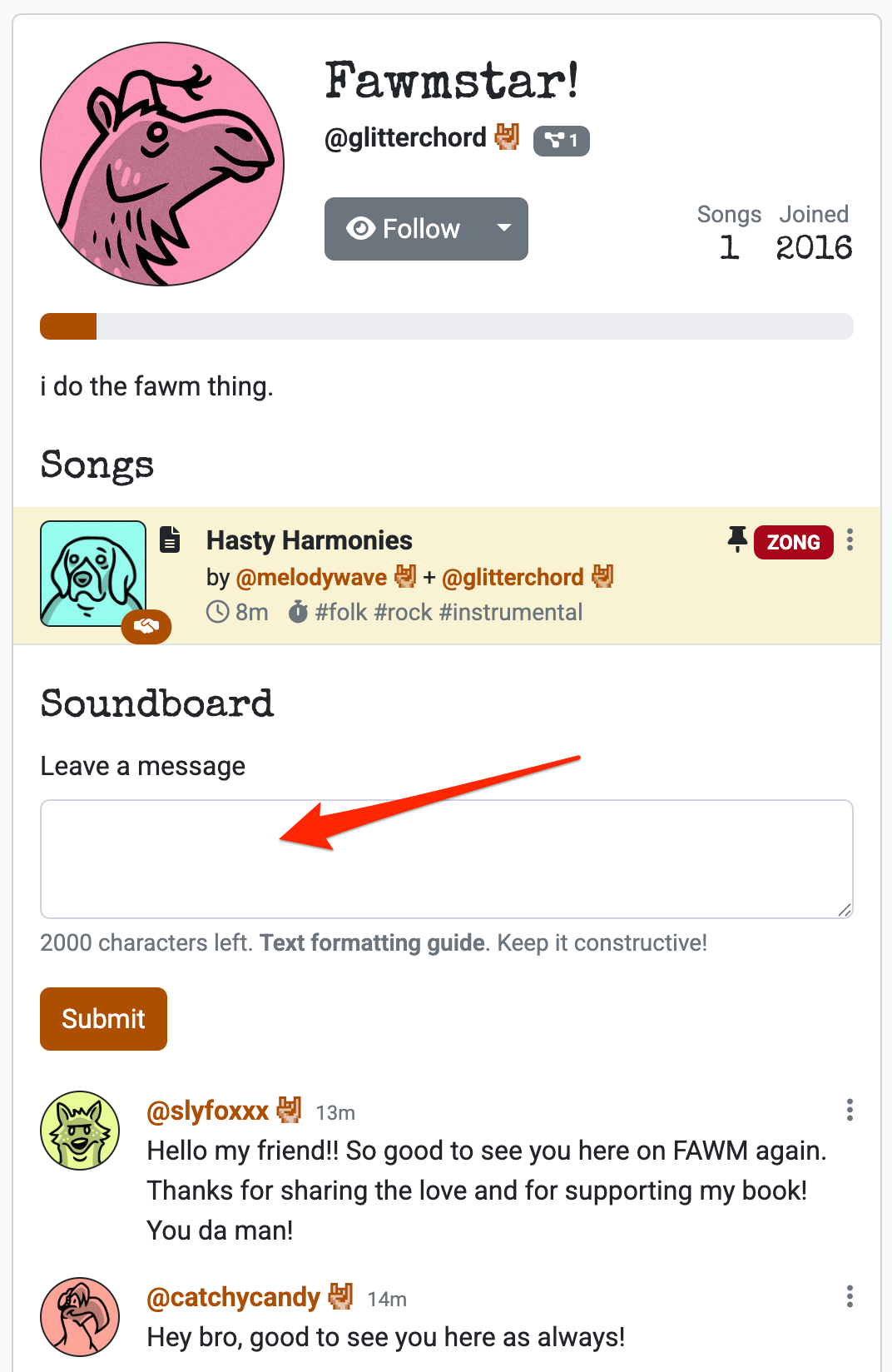 Screenshot: Profile message form