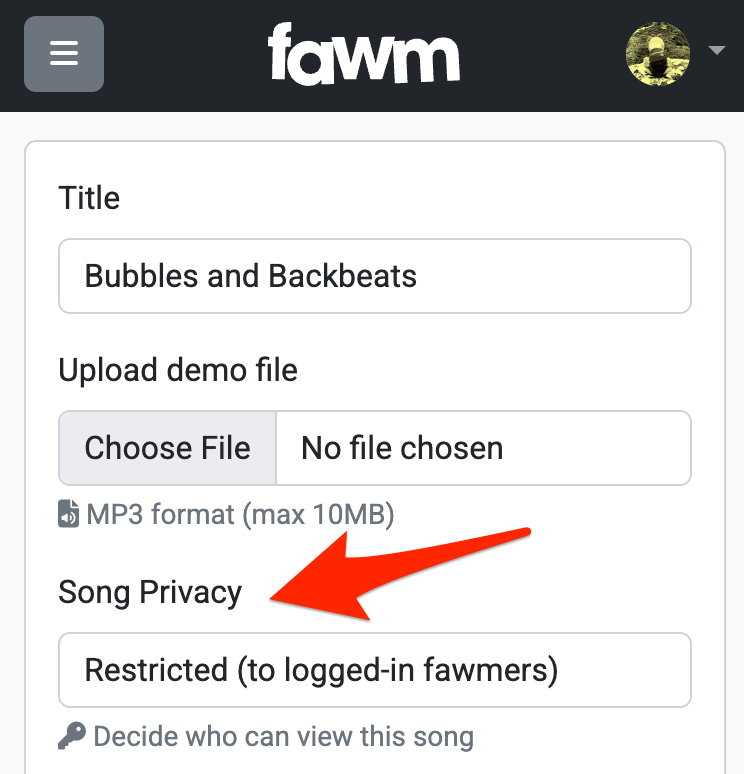 Screenshot: song privacy setting