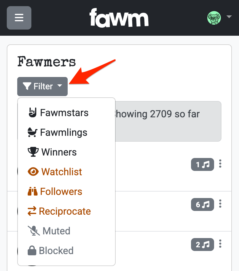 Screenshot: Fawmers page filters