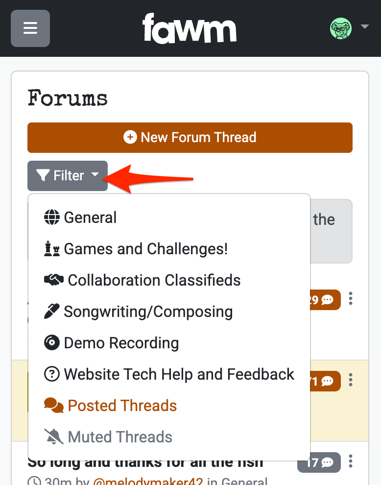 Screenshot: Fawmers page filters
