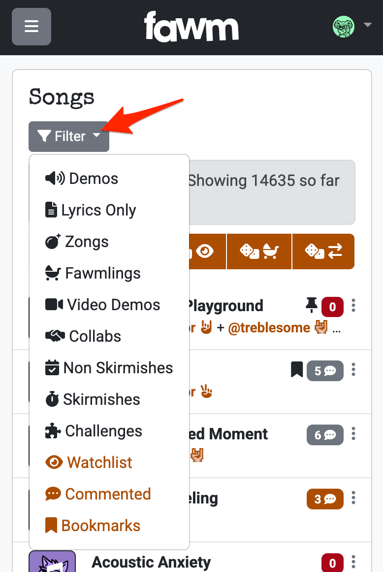 Screenshot: Song page filters