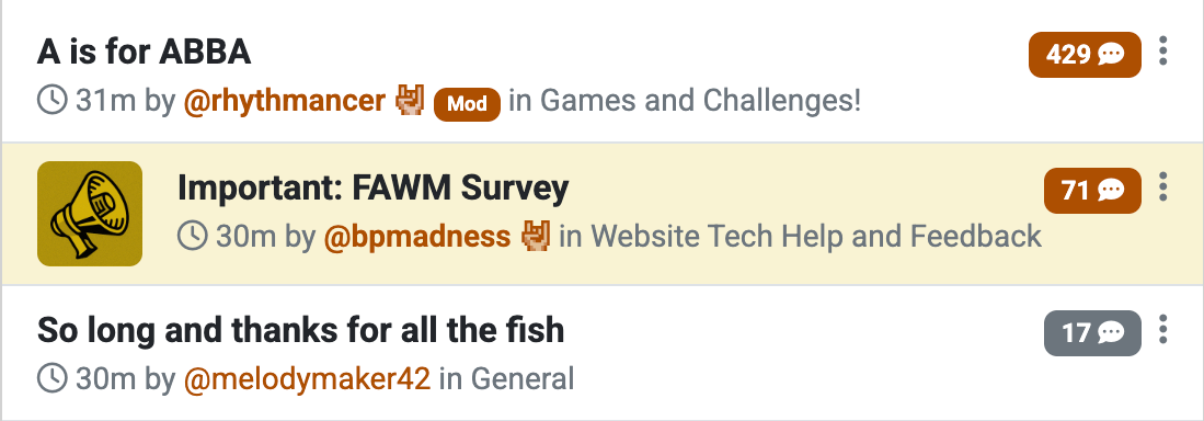 Screenshot: Example forum list of 3 songs