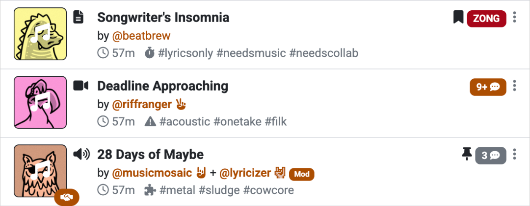 Screenshot: Example song list of 3 songs